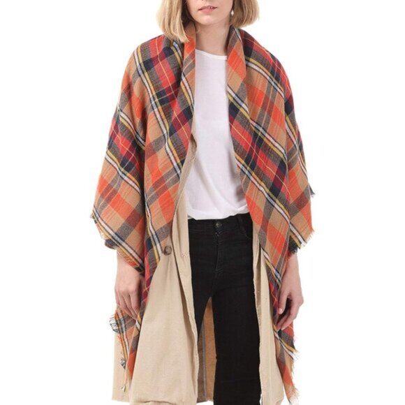 Women's Fall Winter Scarf Classic Tassel Plaid Orange - Picture 3 of 6